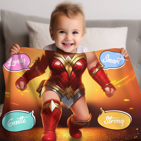Personalized Baby Superhero Blanket – Wonder Girl Style with Custom Name, Date & Background Options